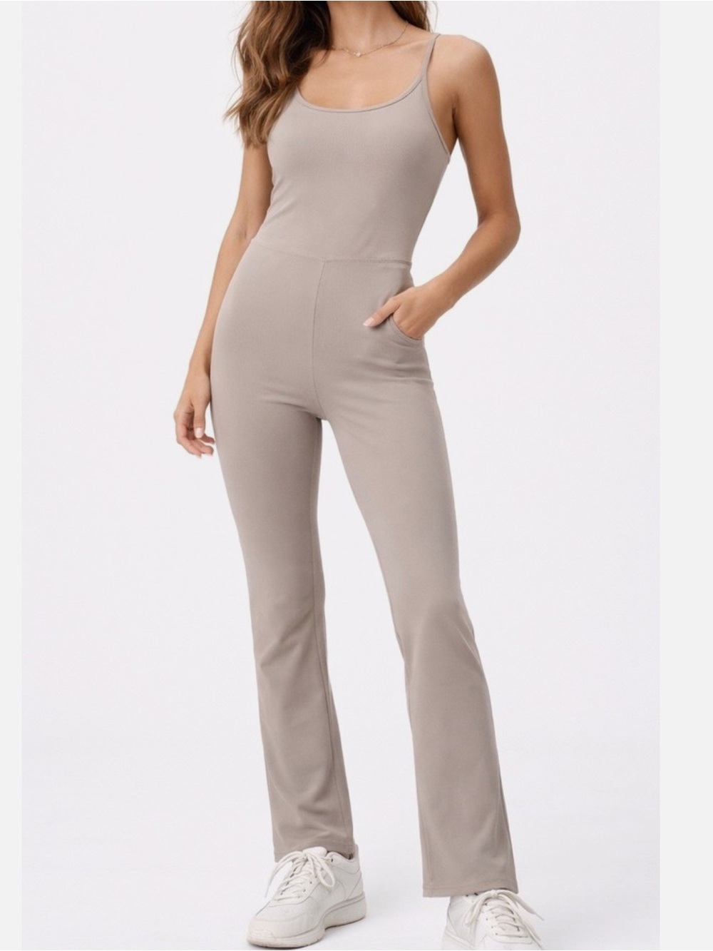 Grayish Beige Scoop Neck Acid Washed Jumpsuit